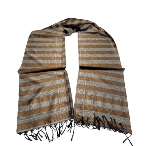 Brown Striped Paisley Floral Thin Long Rectangular Scarf - Picture 1 of 6